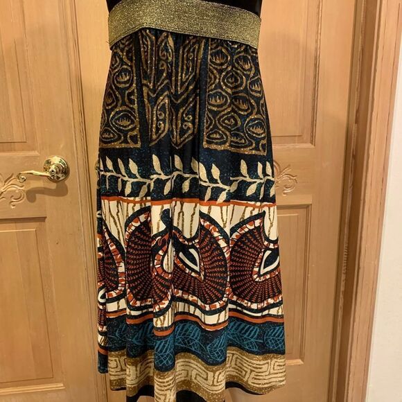 Purple Rain Strap black batik themed dress Sz M gold band - Picture 3 of 8